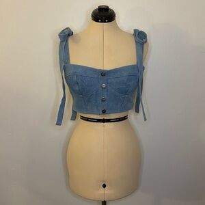 CAPULET Revolve Haley Blue Denim Crop Top, Tie Strap Decorative Button Corset, S